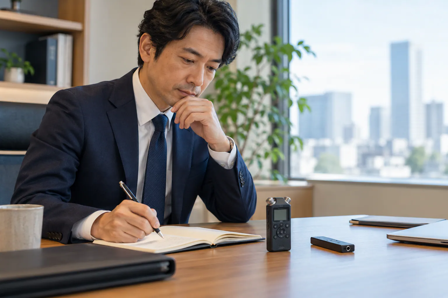 録音機器とノートを用意し、対面の打ち合わせに備える会社員