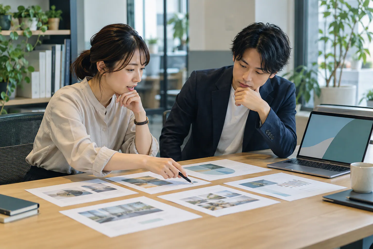 作った資料を同僚へ渡す前に、編集の引き継ぎ方を相談する企画担当者
