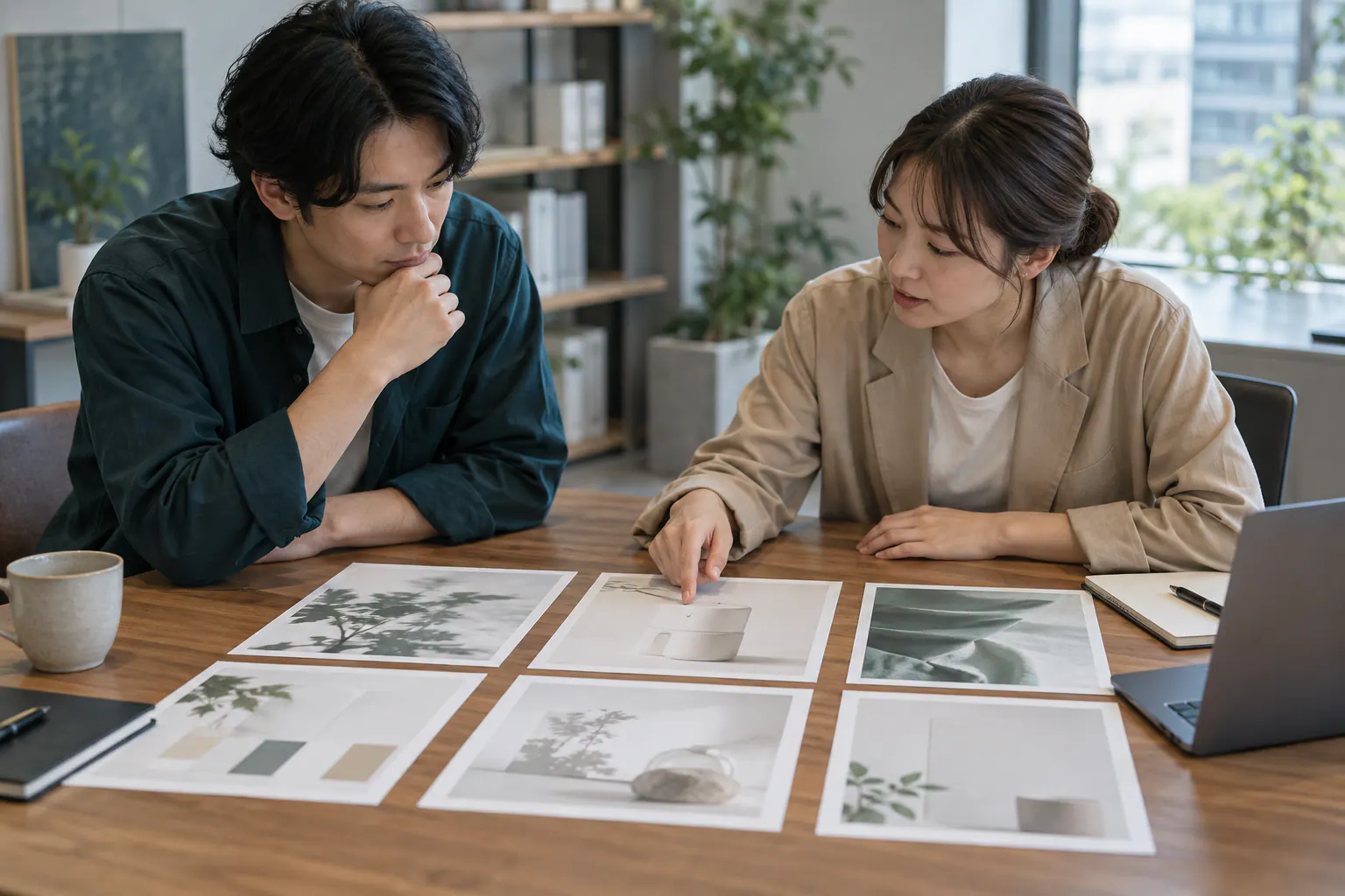 六枚の社内提案のラフを並べ、部署の書式と構成を相談する担当者たち