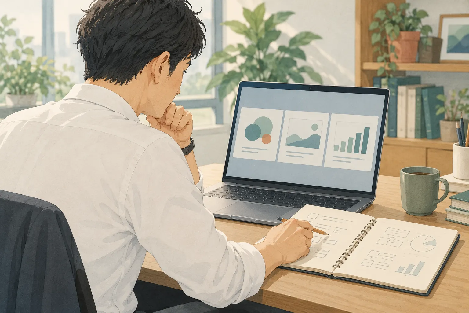 顧客向け資料の内容と数字を、元のメモに照らして確認する担当者