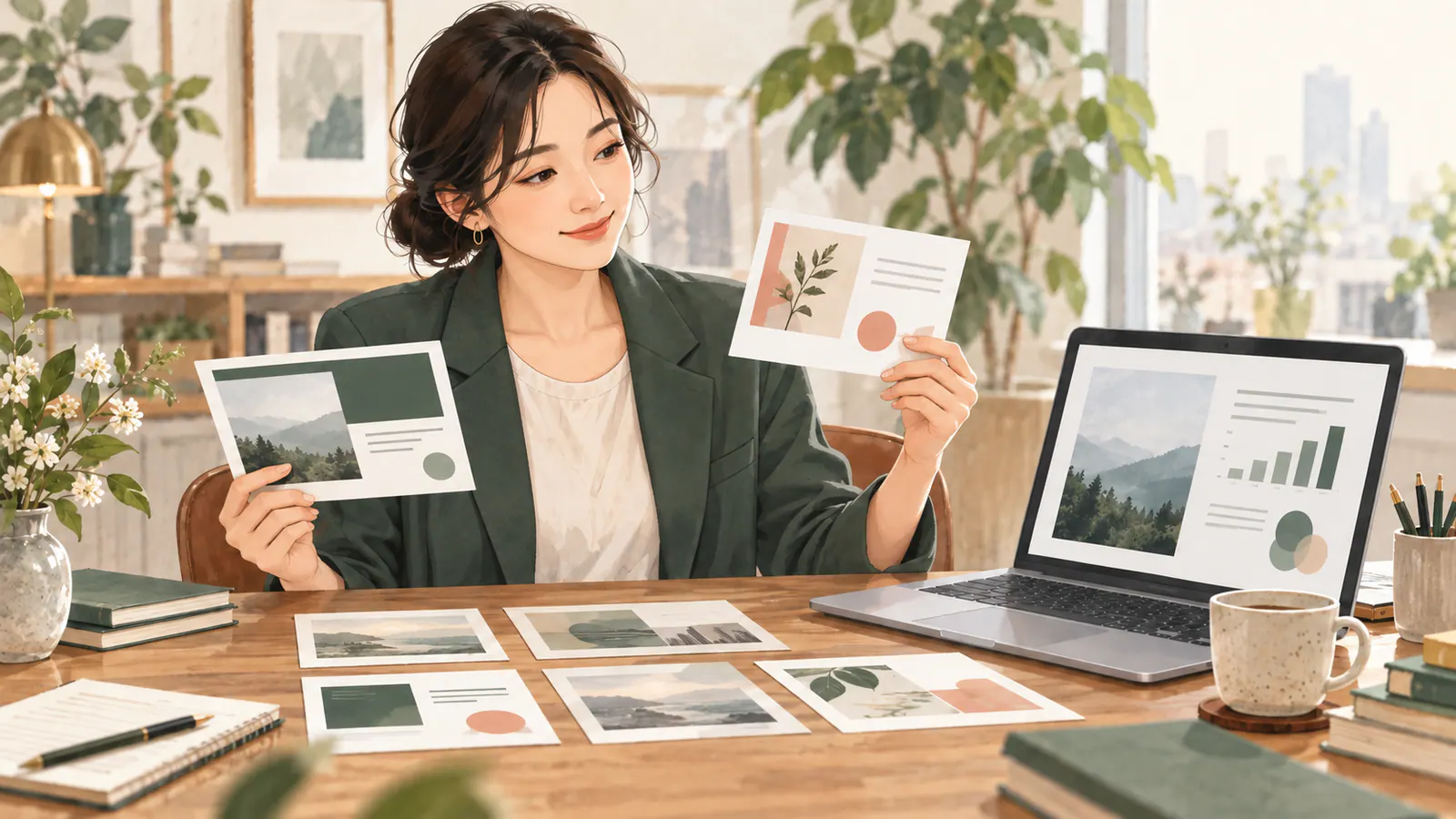 机でスライドのデザイン見本を比較する会社員のイラスト。AI生成の説明用イメージ